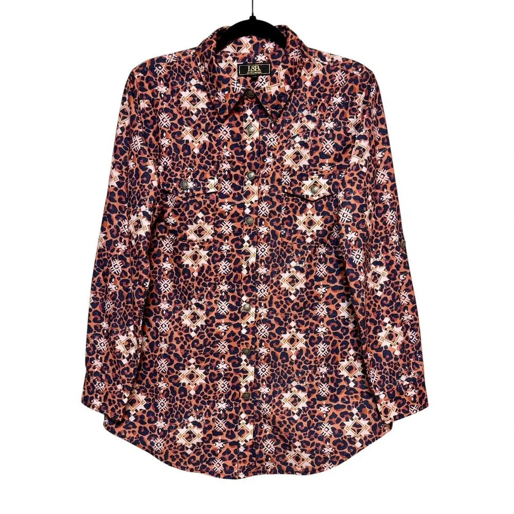 Lucky & Blessed Aztec Leopard Button Down‎ Shirt Women M Y2K Coastal Cowgirl